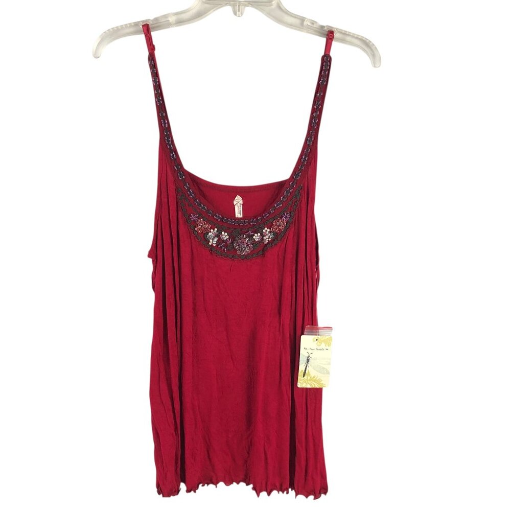 Free People Red Embroidered Scoop Neck Camisole